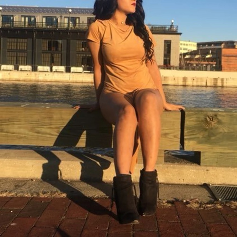 Tan Suede High Slit T Shirt Dress